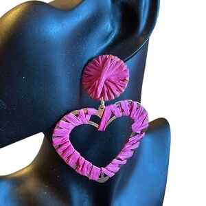 Pink Straw Rattan Heart Earrings